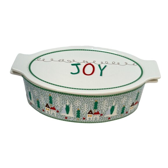 Graces Bake Shop JOY Oven Safe Oval Casserole Lidded Baker Christmas Village - Picture 1 of 12